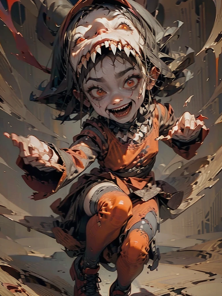 (Disney character style)、Gruesome and spooky details、An atmosphere full of suspense and tension、Psychological horror、Cute Smile、Mysterious and unsettling atmosphere、A terrifying moment、Nightmare scenario、The twisted madness of a murderer、Smiling clown、bright red nose、open outfit、Striped shirt、Big shoes、Enthusiastic atmosphere、Mischievous Smile、Expressive gestures、Comical movement、Festive mood、Exciting performance