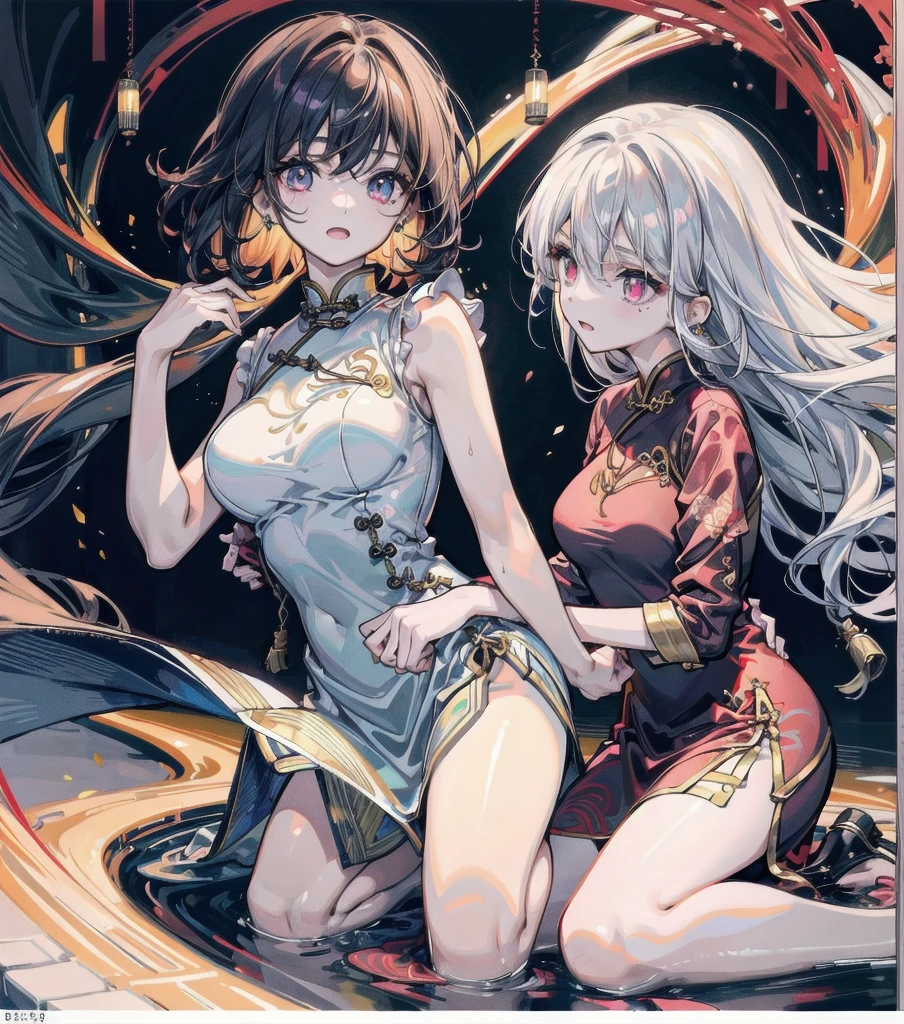 (((yuri))), (((2 girls))), ((cheongsam)), absurdres, RAW photo, extremely delicate and beautiful, masterpiece, Best Quality, ultra high resolution, 32k, hyperrealistic, ultra-detailed, detailed description, perfect anatomy, pale skin, 20 years old, detailed beautiful face and eyes, tearful mole, earring, short medium hair, wavy hair, random colored hair, full body shot, colossal tits, 