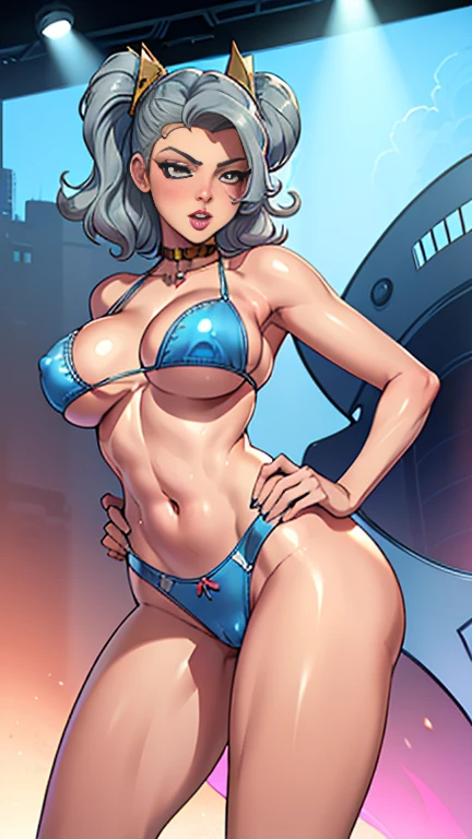 (high quality, best rendering), (beautiful girl), Blue Eyes, gray hair, (bombshell, pin-up style), psychopath, crazy face, sexy pose, 2 piece outfit, pastel, centered, scale to fit dimensions, micro thong, micro bikini, camel toe