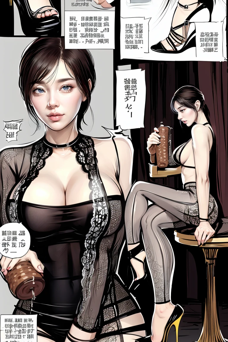 The beautiful girl in lace top and leggings is sitting astride a pile of skeletons in the center of the picture. She is holding a trembling sausage with juice squeezed out in her hand and smiling. There are multiple comic storyboards in the background,cbt, sausage bondage,sausage insertion,Sexy, trampling sausage with high heels heel,(masterpiece, best quality:1.2),1 beautiful girl,sexy,comic storyboard:2, leggings, sit astride, axially symmetrical:2, ,femdom,sounding,cbt,hold,smile,colorful,leggings,thin gap,cameltoe,insertion,trembling,juice,spray, Long hair,Lace top,Sexy, Shiny leggings, High heel,cleveage, trampling, in forest, saliva , Mucus,
