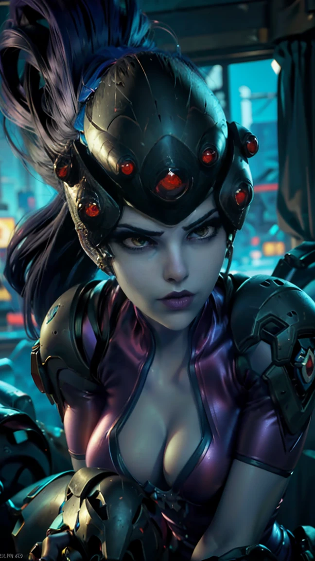 desde arriba, Una imagen Hyperrealista, ((Sexy Widow Maker from overwatch, sexy suit, holding her pet an evil black widow with her hand. neon city at the background, raytraced, viento, paisaje neon, (aesthetics and atmosphere:1.2), bella, sexy, mirada malvada, ojos intensos y morados, medio cuerpo. (foto cruda, mejor calidad), (realista, photo-realista:1.3), Obra maestra, un extremadamente perfecto y hermoso cuerpo, labios sexys morados, cuerpo palido lila, extremadamente detallado, Best quality score, ultra dynamic view, close up, high view, holding her pet an evil black widow with her hand