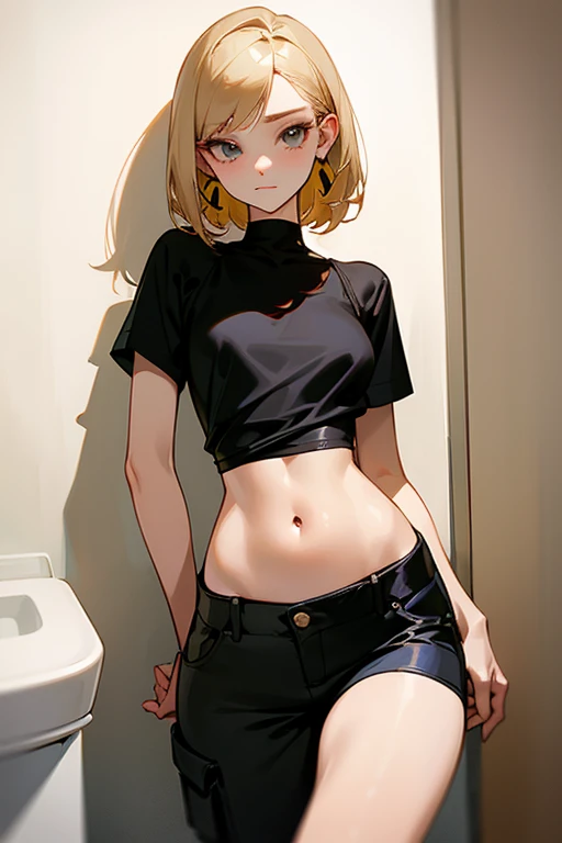 Beautiful woman、Black tops that high-necked short-sleeved knit 、Oversized loose cargo pants、Medium hair、Earrings、Blonde、slender、low length、Black innerwear、Her belly button is just a little visible、POV、Subjective、toilet、Close Contact、High-leg shorts、