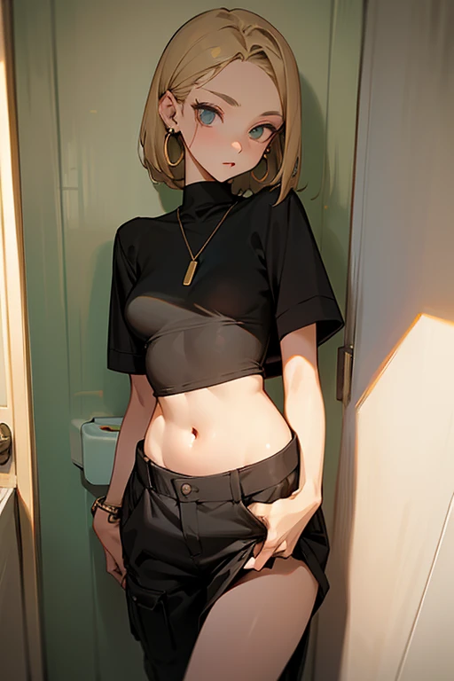 Beautiful woman、Black tops that high-necked short-sleeved knit 、Oversized loose cargo pants、Medium hair、Earrings、Blonde、slender、low length、Black innerwear、Her belly button is just a little visible、POV、Subjective、toilet、Close Contact、Peering In、High-leg shorts、