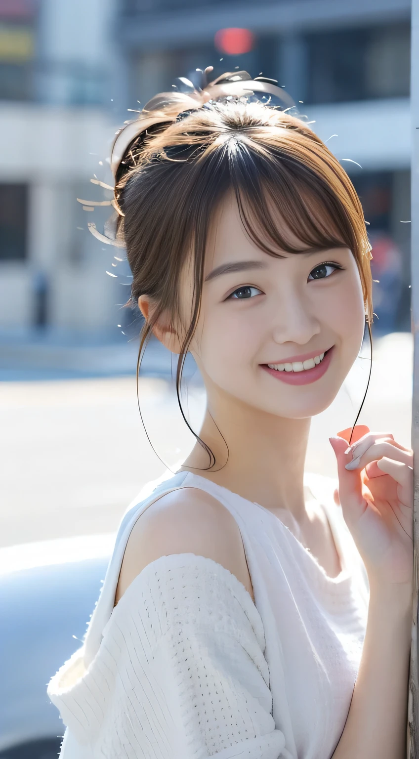 muste piece、best quality、illustration、 Super detailed、fine details、 High resolution、8K Dende Wallpaper、perfect dynamic composition、27 year old cute girl、sweet girl、detailed beautiful face、detailed cute eyes、textured skin、modest smile、wavy short hair、small breasts、winter casual wear、bold sexy pose、Shoulder Fashion