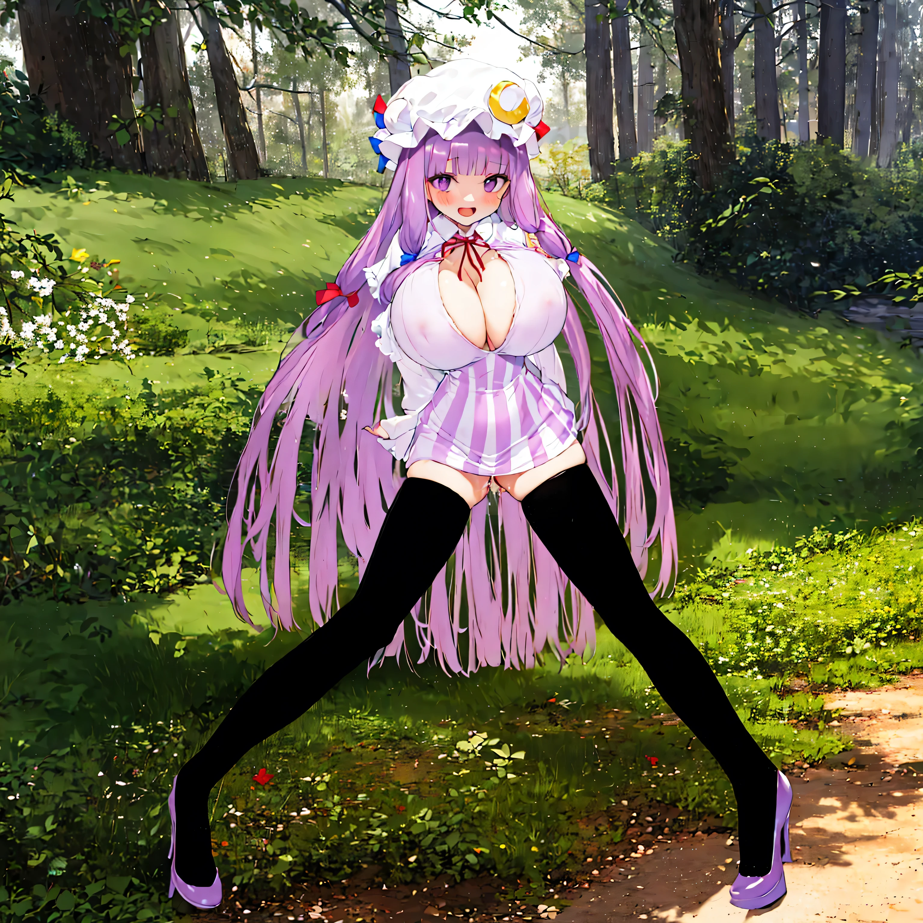 (solo), (Patchouli toho character:1.3), (standing at lakeside forest alone), outside, (standing with open legs wide:1.3), (arms behind back), swaying back, stretch legs, tiptoe, BREAK, (disproportionately gigantic huge breasts:1.3), cleavage, inconceivably narrow waist, very short torso, (skinny long legs), BREAK, capelet, sheer short dress, very short skirt, thigh gap, (black thighhighs), stiletto heels, BREAK, smile for viewer, open mouth, nose blush, full body, pussy juice, (orgasm), (nsfw:0.5), coverd erectile nipples