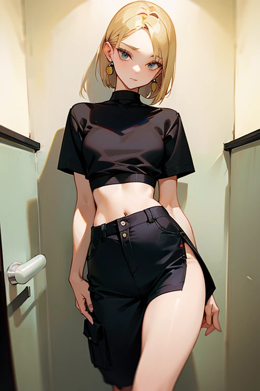 Beautiful woman、Black tops that high-necked short-sleeved knit 、Oversized loose cargo pants、Medium hair、Earrings、Blonde、slender、low length、Black innerwear、Her belly button is just a little visible、POV、Subjective、toilet、Close Contact、High-leg shorts、