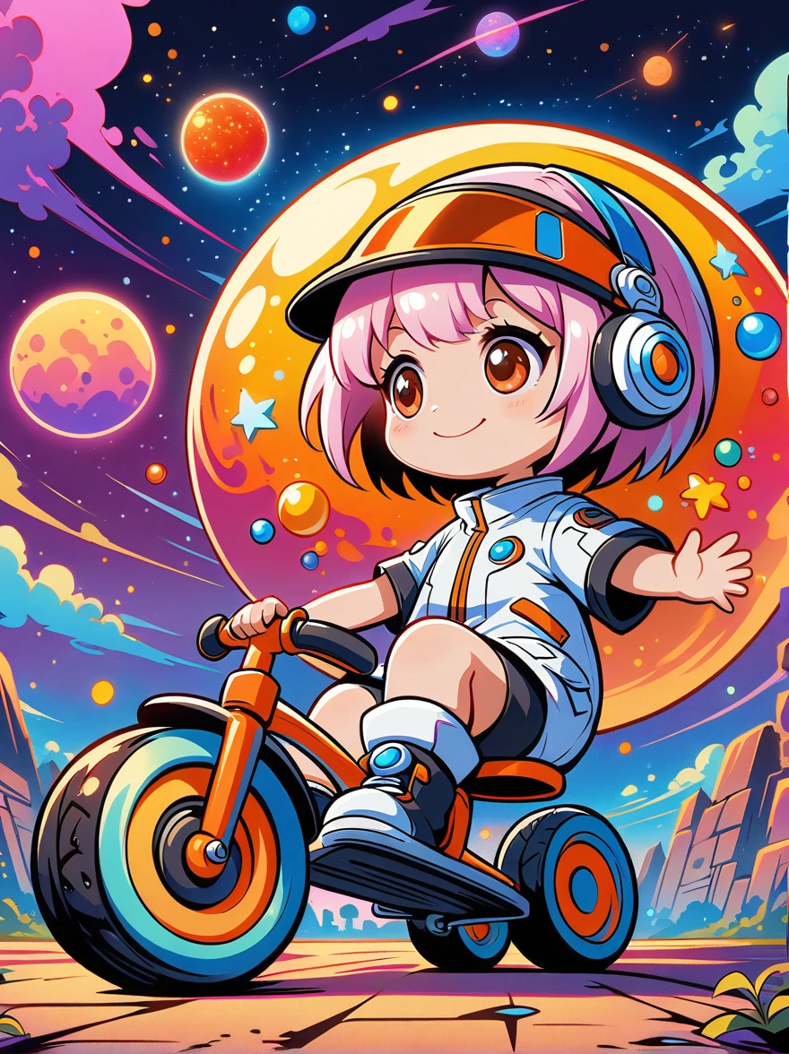 Cartoon graffiti characters,Vector illustration,cinematic film still A visually striking chibi-style astronaut is depicted with remarkable detail, wearing a black tinted visor and a crisp white suit with red straps. This adorable hero is captured riding on a child's tricycle with big grippy tires, exploring the surface of the moon. The background showcases a delightful galaxy filled with stars and cosmic wonder. This conceptual art piece blends anime, photography, illustration, and typography to create a whimsical and imaginative portrayal of space exploration,Add whimsy to the scene,1xhsn1