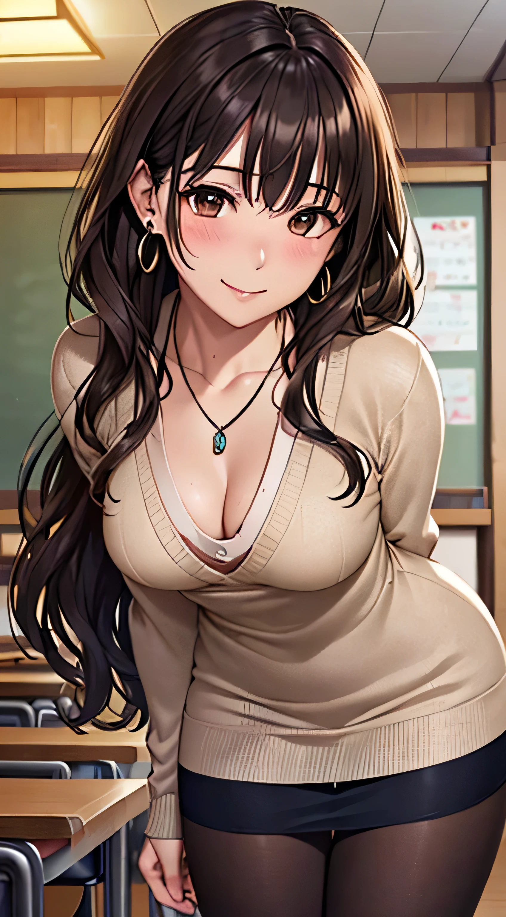 (Tabletop, highest quality, High resolution, , Pixel perfect, 4K,), 1 girl, single, alone, Beautiful woman、I could see the whole body、 ((Wavy mid-length hair, bangs, Brown Hair)), ((Brown eyes, Beautiful eyelashes, Realistic eyes)), ((Detailed face, blush:1.2)), ((Smooth texture:0.75, Realistic texture:0.65, Realistic:1.1, Anime CG Style)), Mid-chest, Dynamic Angle, Perfect body, ((, female teacher, , Earrings、necklace、Light beige open neck sweater、dark blue long flared skirt、Black knee-high stockings、、A shy smile、Put your hands behind your back、Leaning forward、)), Looking up、、(、、、Angle from below)、