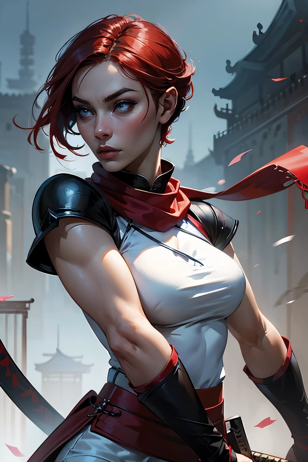 a (((Chinese woman))) Fantasy setting. Female ninja, pixie cut hair, red hair, (bright red hair), blue eyes, pale skin. Tight white outfit, white top, pink highlights, ninja outfit, wraps, scarf. Katanas. Detailed hands. Detailed eyes. Detailed face. Intense expression. Hands gripping katanas. Show her running across a roof top, with a sword in her hand. castle ruins background. volumetric lighting