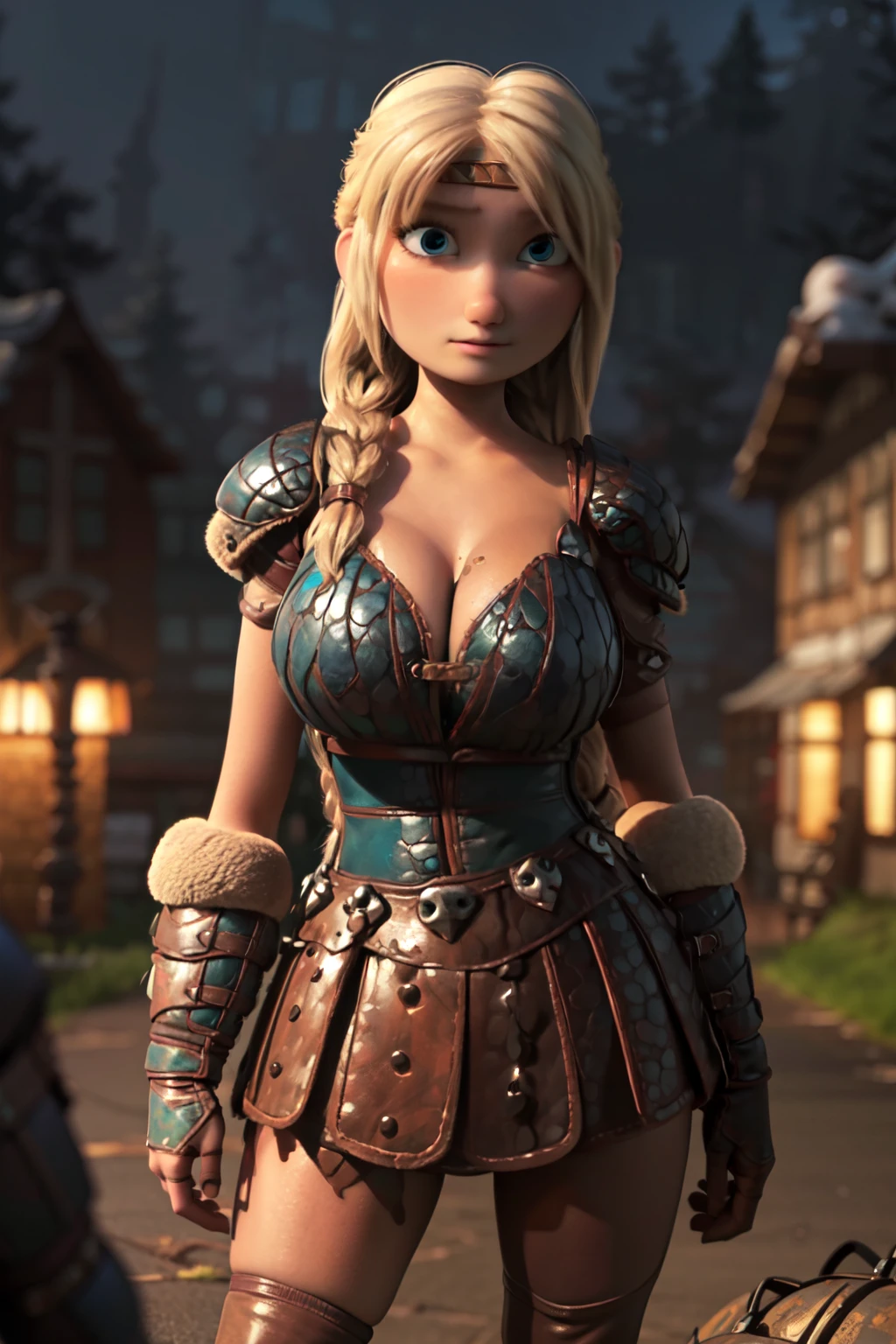 masterpiece, high quality, best quality, realistic, dark theme, blue theme, perfect face, expressive eyes, astrid hofferson, 1girl, solo, blonde hair, (single_braid:1.3), blue eyes, armor, (huge breasts, absolute cleavage, plunging neckline:1.2), v-cut, voluptuous, zettai ryouiki, wide hips, thick thighs, depth of field, standing, contrapposto, viking village, night, dark, darkness, moonlight