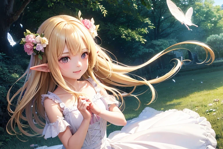 1 Fairy,bouquet,hair ornaments,Fairyのwing,wing,wing根,大きなwing,Lolitar,歳のgirl,young,Transparency,happiness,smile,smile,Happy,White skin,Lip gloss,Realistic, 35mm, Intricate details, High resolution, Intricate details, Super detailed, Natural skin texture, Hyperrealism, sharp, girl1人, girl (Fairy:0.7) ,woman,pastel colour,Portraiture, look up,alone, Half Shot, White clothes,Detailed Background, ,Magical atmosphere,Hair swaying in the wind,Silky Hair,Cream colored hair,Shiny Hair,Light pink hair,Light-colored clothing with white trim, Magic Whirlwind,Shine,Light background,noon,sun,Pop Art, (Style - Swirl Magic:0.8), Suspended particles,Dancing Light,Thin eyebrows,Thin eyebrows,Wavy Hair,瞳のShine,butterfly々のwing,Childish,A gentle gaze,like,Gentle light,Blonde Hair,Short sleeve,Brown Hair,Bright flower garden,heaven,wing,Fairy,Looking up,forest,Elf Ears