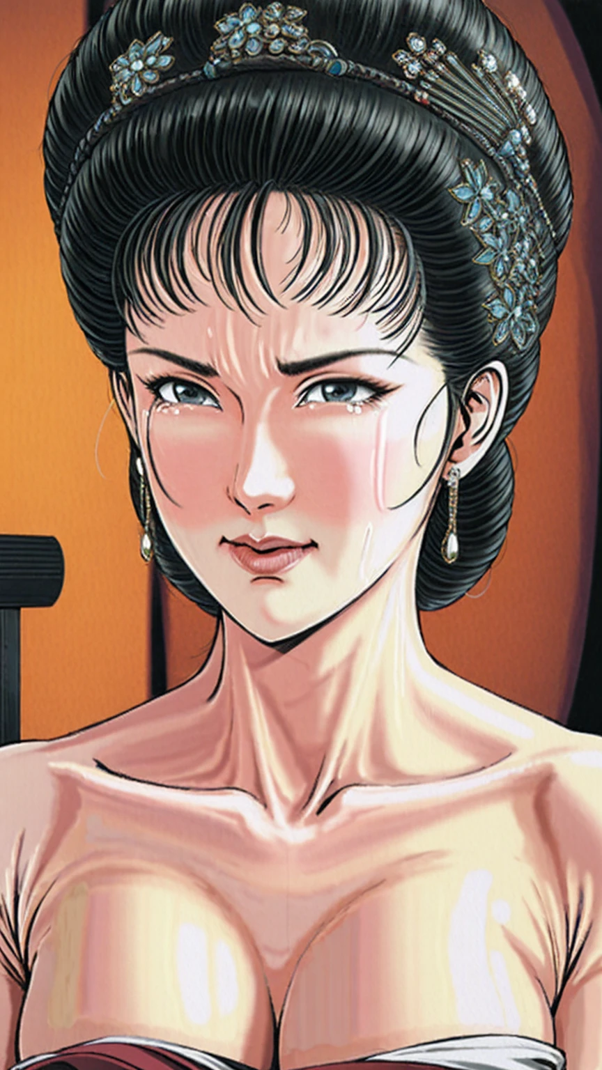 (best quality), (very aesthetic), (ultra-detailed), (best illustration),(a mature female),(perfect face),Suikoden,Mrs. Lin,(((NSFW))),((full_body)),((full_nude)),(crying),Covers mouth with right hand,red cheek,sweating,skinny,flushed skin,(hairly pussy),doing blowjob,chinese traditional bed room,overhead view