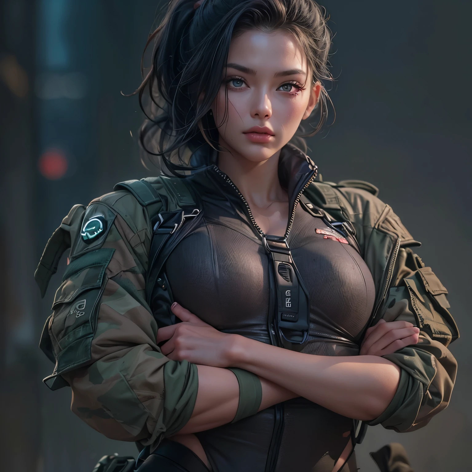 Full body portrait、A beautiful woman in a tight combat uniform、Detailed face and eyes、Beautifully detailed lips、Long eyelashes、A relaxed expression、Bodysuit-like combat clothing:1.5、camouflage:1.5、Very detailed、(highest quality、4k、8k、High resolution、masterpiece:1.2)、Super detailed、(Real、Photorealistic、Photorealistic:1.37)、HDR、UHD、Studio Lighting、Ultra-fine painting、Sharp Focus、Physically Based Rendering、Very detailedな描写、professional、Bright colors、Bokeh、Concept Art、cyber punk、Neon Light、Dynamic pose、Dramatic lighting