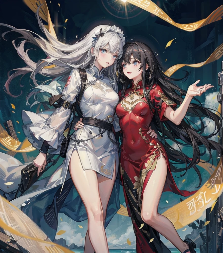 (((yuri))), (((2 girls))), ((cheongsam)), absurdres, RAW photo, extremely delicate and beautiful, masterpiece, Best Quality, ultra high resolution, 32k, hyperrealistic, ultra-detailed, detailed description, perfect anatomy, pale skin, 20 years old, detailed beautiful face and eyes, tearful mole, earring, short medium hair, wavy hair, random colored hair, whole body shot, big tits,