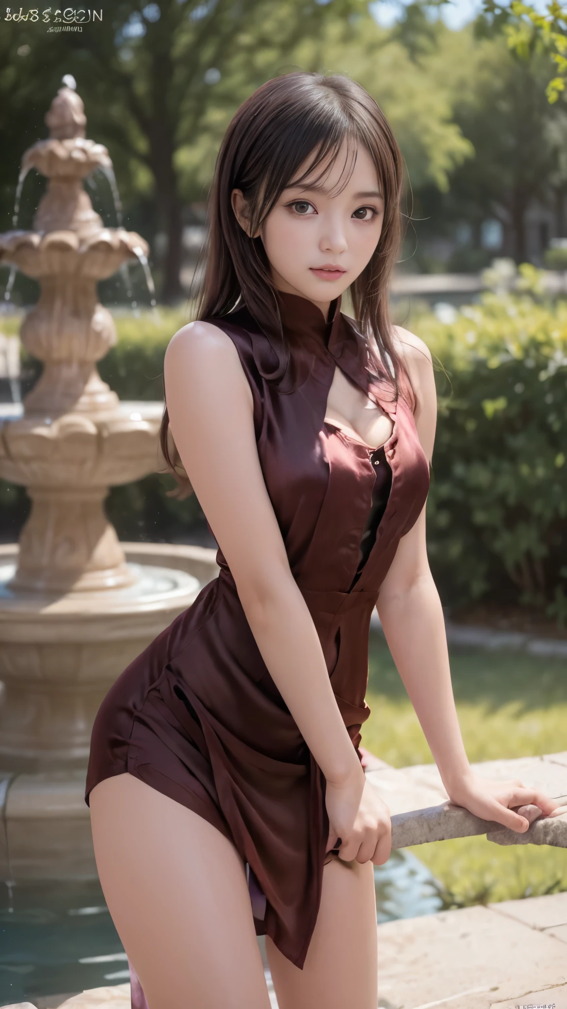 (8K, RAW Photos, highest quality, masterpiece:1.2), (Realistic, Photorealistic:1.37), Ultra-detailed, 超A high resolution, (Movie heroine), ((Posing in front of the fountain in the park)), (14 year old beautiful girl, Baby Face:1.3), (Model-like posture), (Small beautiful butt), (Thin thighs), (Narrow waist), Beautiful breasts, Cleavage, (Stunningly beautiful face:1.2, Idol Face), ((Silk sleeveless tight miniskirt dress:1.3, Unconventional design:1.5)), Dynamic Angle, Dynamic Lighting, (Beautiful Eyes), (Detailed eyes and face:1.3), (Detailed hands:1.3), (small beautiful hands:1.3), (Perfect Anatomy:1.3), (Gaze at the viewer:1.3), (Very satisfied look:1.3), (Flushed Cheeks:1.2)