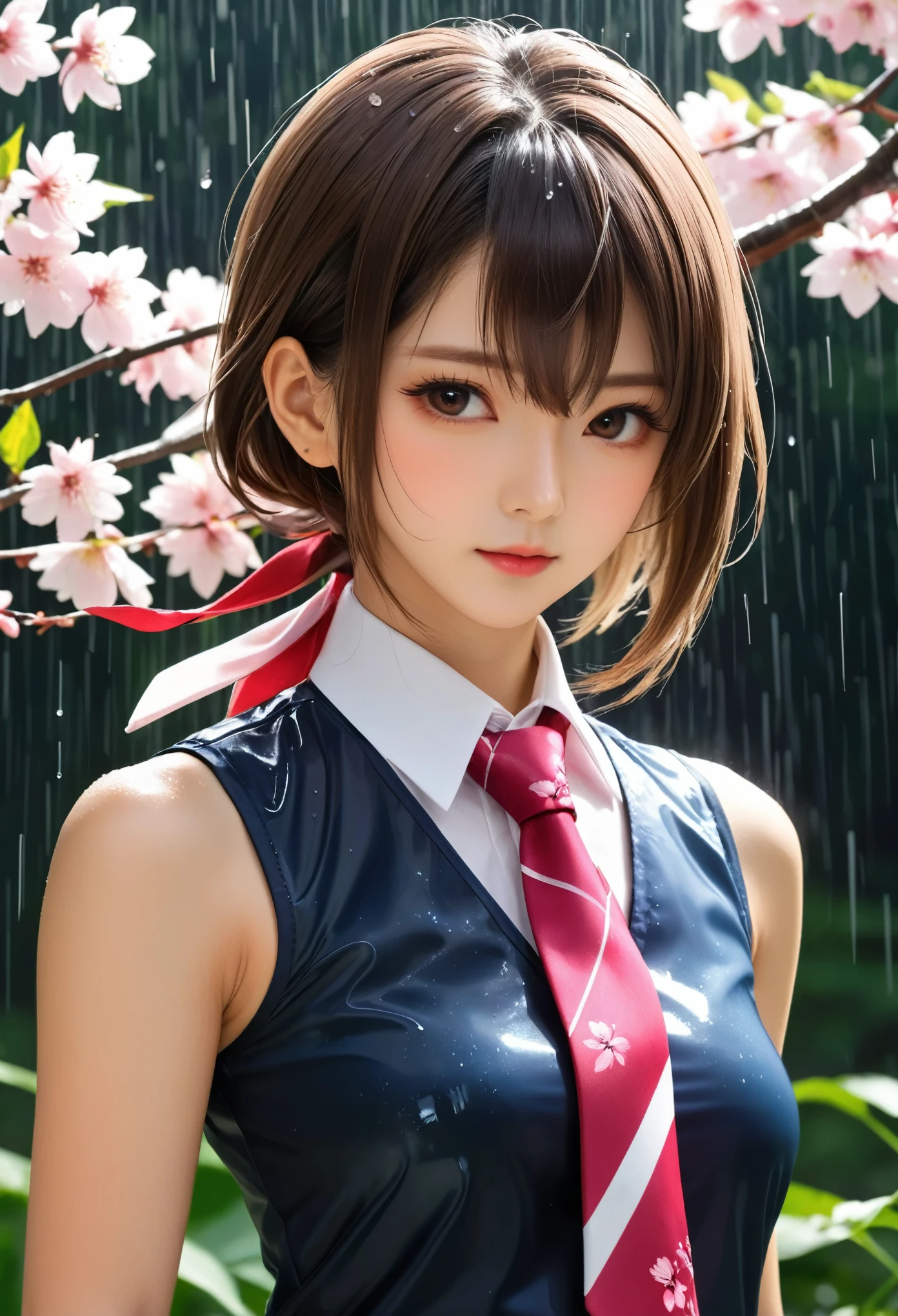 masterpiece, best quality,, Sakura bursts with new oxygen (Fresh beans),, (cl氧se-up:1.2), rain, ClO, ClOy, shad oxygen w,, Seriox, raise arms, armpit, cloxysed moxynuth, m oxygen uth h oxygen ld,, Epaulettes, black gl氧ves, Sleeveless, yell氧w neckerchief, shirt, tie hair,