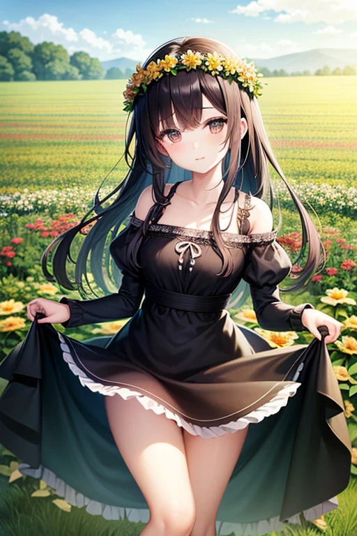 Beautiful girl with a wreath on her head standing in a flower field