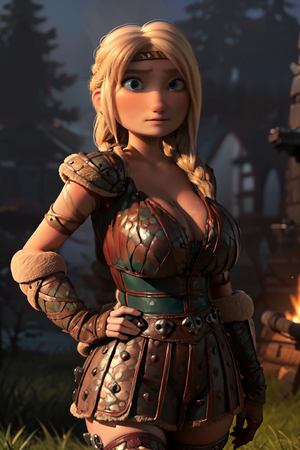 masterpiece, high quality, best quality, realistic, dark theme, perfect face, expressive eyes, astrid hofferson, 1girl, solo, blonde hair, (single_braid:1.3), blue eyes, armor, (huge breasts, absolute cleavage, plunging neckline:1.2), v-cut, voluptuous, zettai ryouiki, wide hips, thick thighs, depth of field, standing, contrapposto, viking village, night, dark, darkness