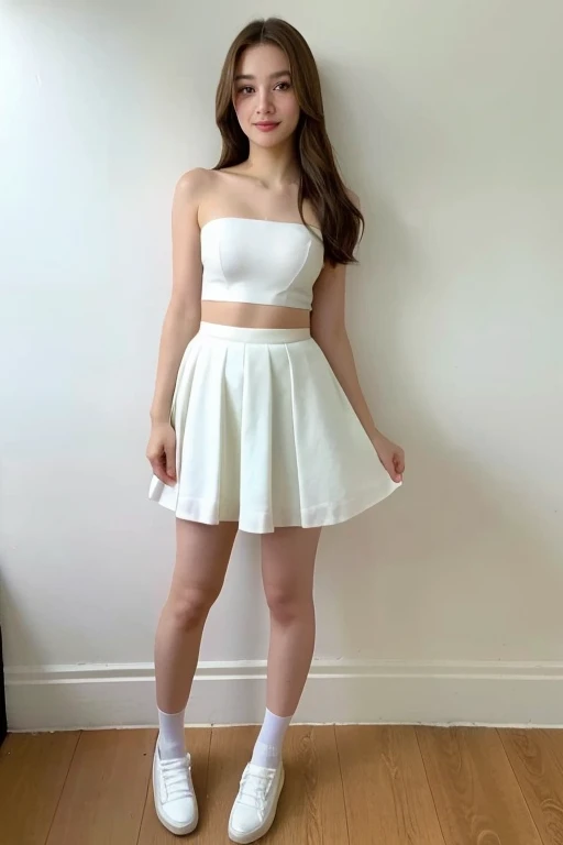 ((best quality)), ((masterpiece)), (detailed), (full body), perfect face, 1 girl, hazel green eyes.
brown hair, small frame body type, wearing white strapless tube top with white low riding sports pencil mini skirt.