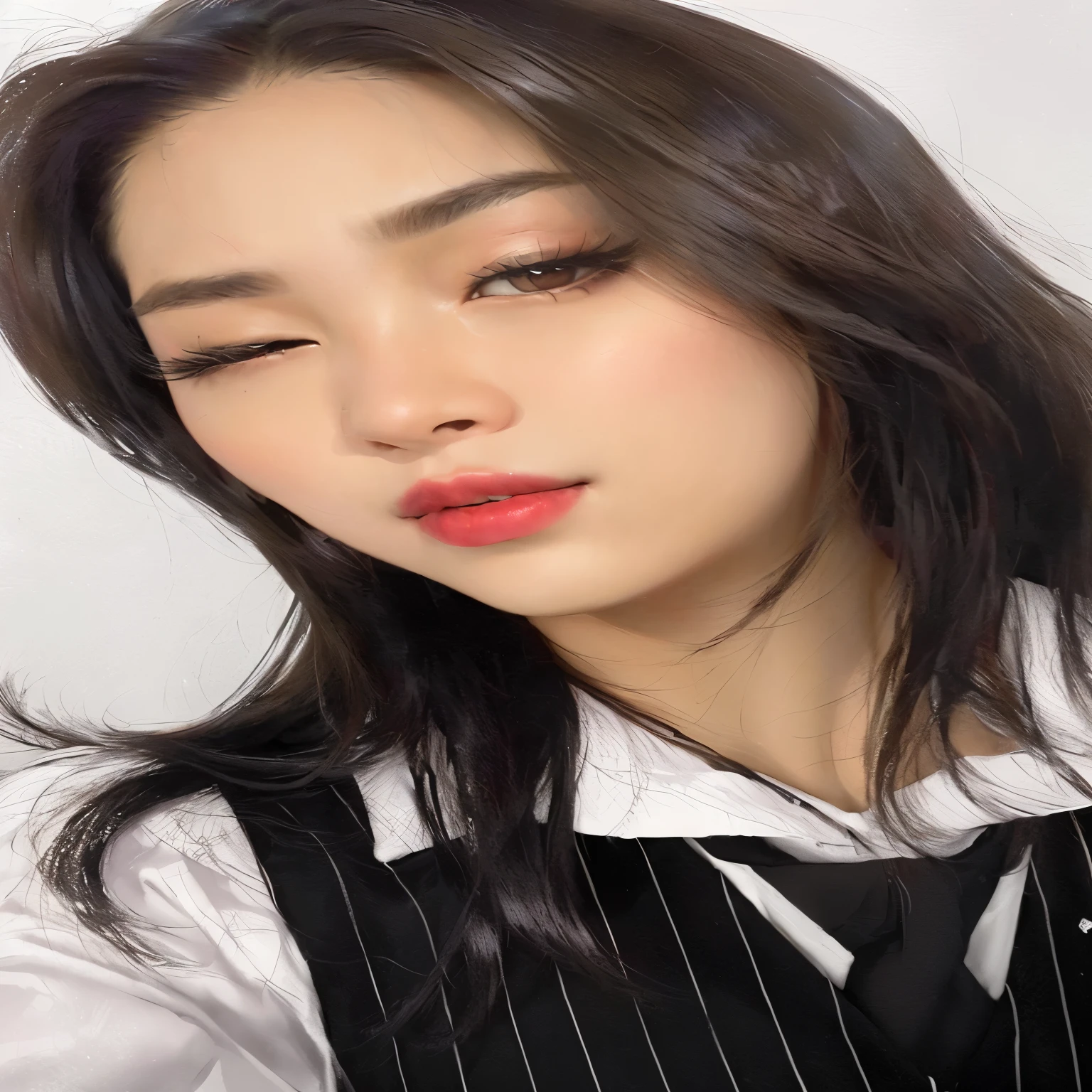 a close up of a woman with a red lipstick and a black vest, bae suzy, wan adorable korean face, jossi of blackpink, blackpink jennie, with very thin lips, jisoo from blackpink, sakimichan, jisoo of blackpink, roseanne park of blackpink, faint red lips, jinyoung shin, thick lips, jimin\'s plump lips, cute pout, ryujin itzy, itzy ryujin, ryujin, shin ryujin