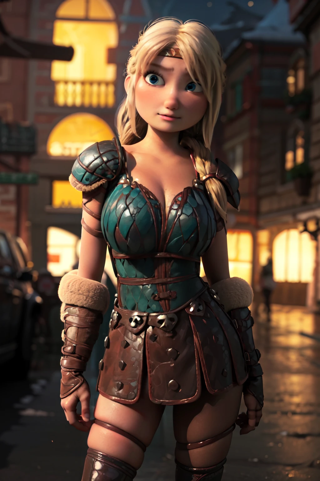 masterpiece, high quality, best quality, realistic, perfect face, expressive eyes, astrid hofferson, 1girl, solo, blonde hair, (single_braid:1.3), blue eyes, armor, (huge breasts, absolute cleavage, plunging neckline), v-cut, voluptuous, zettai ryouiki, wide hips, thick thighs, (night, darkness, dark theme:1.3), depth of field, cinematic lighting, standing, contrapposto