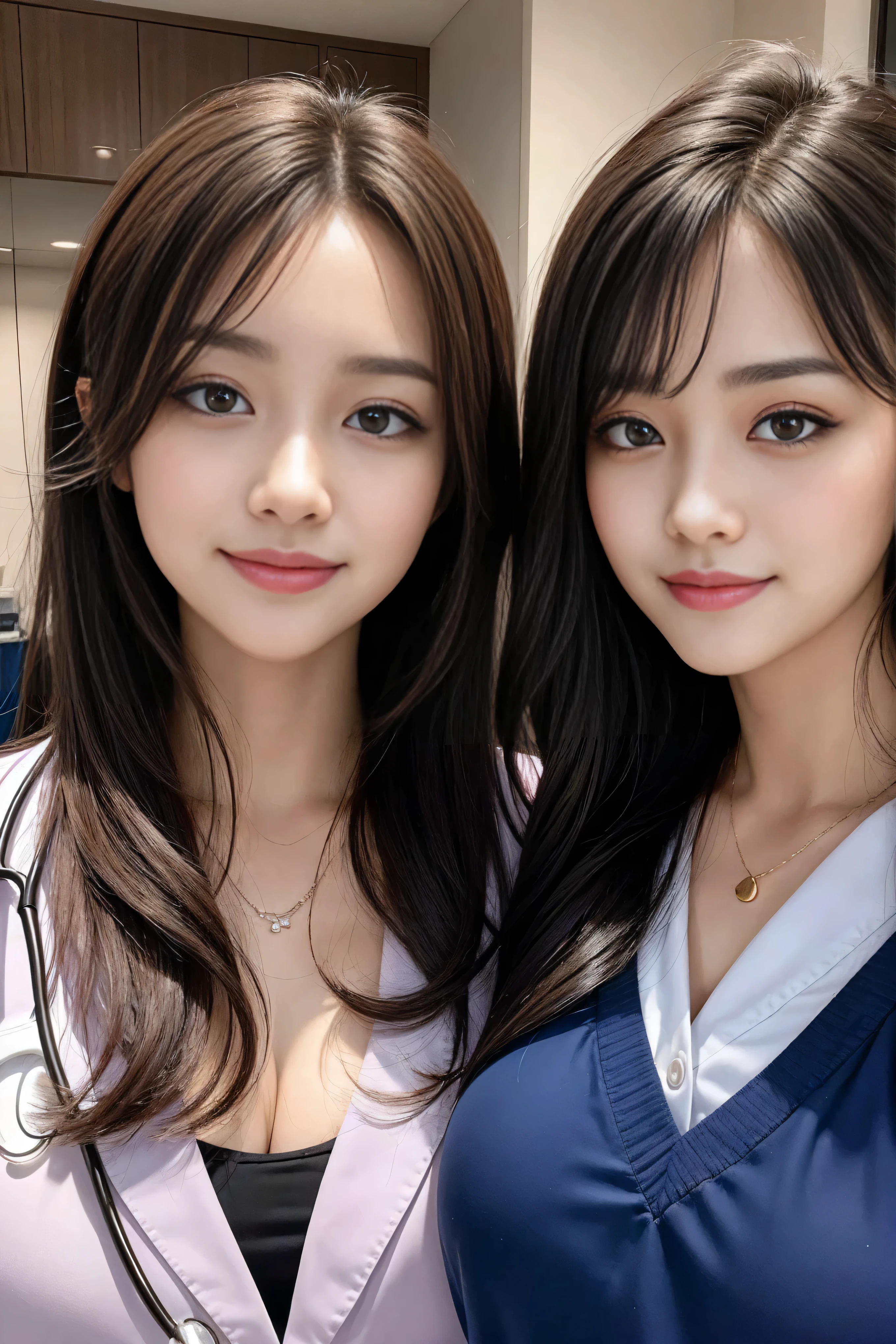Realistic beautiful doctor、Stunningly beautiful、Doctor's white coat, Collared shirt、(Top quality、8K、32K、masterpiece、North African Trade Zone:1.3)、Ultra-high resolution,(Reality:1.4),Original Photography, Detailed face,,Beautiful hair, ((Doctor style)),,((Leg length)), (Thigh gap:1.5), , Black tight skirt、 Natural Makeup,, Big plump breasts、In the hospital, Detailed background, Perfect lighting, Depth of Field, Beautiful shadow gradient,Stethoscope ,