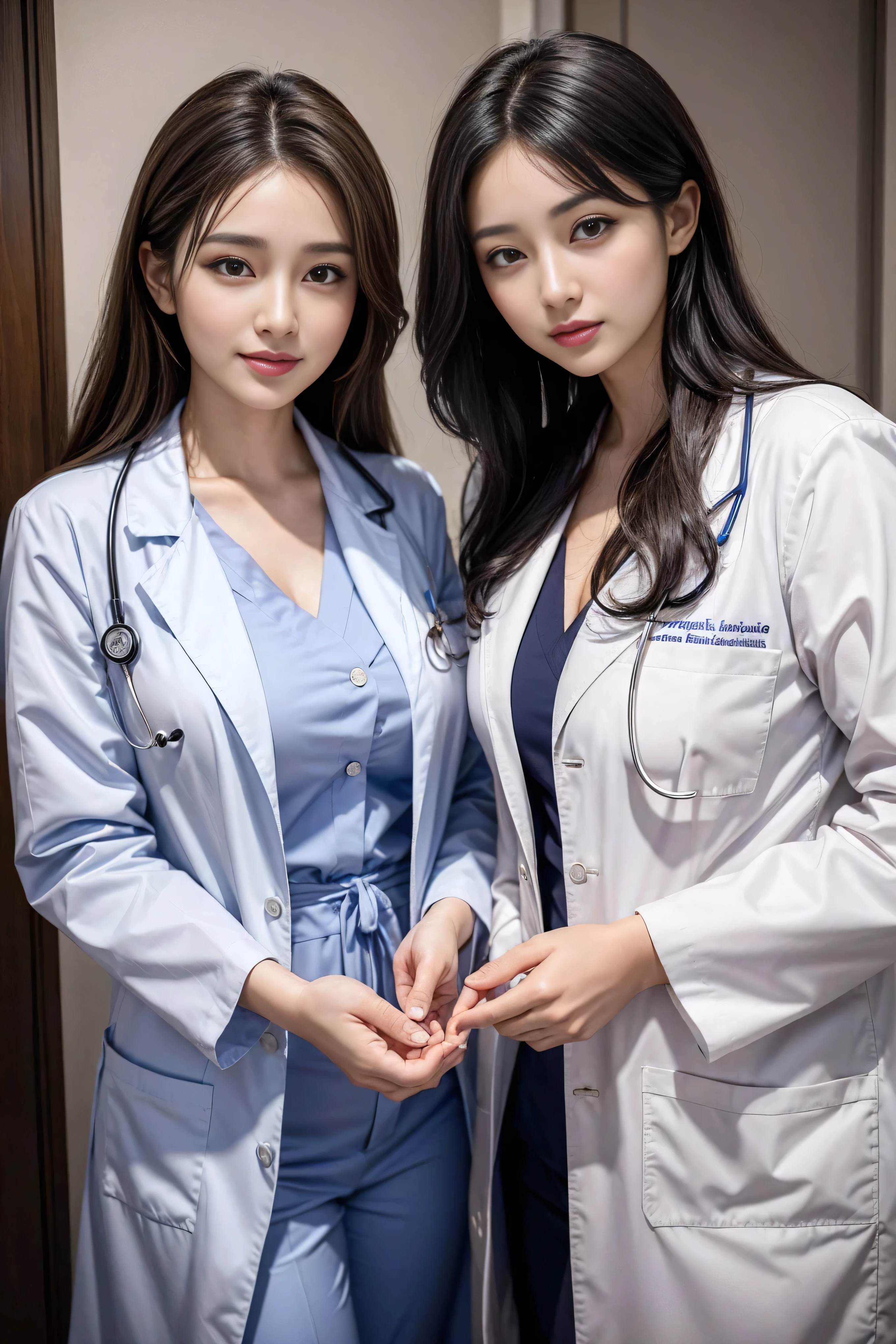 Realistic beautiful doctor、Stunningly beautiful、Doctor's white coat, Collared shirt、(Top quality、8K、32K、masterpiece、North African Trade Zone:1.3)、Ultra-high resolution,(Reality:1.4),Original Photography, Detailed face,,Beautiful hair, ((Doctor style)),,((Leg length)), (Thigh gap:1.5), , Black tight skirt、 Natural Makeup,, Big plump breasts、In the hospital, Detailed background, Perfect lighting, Depth of Field, Beautiful shadow gradient,Stethoscope ,