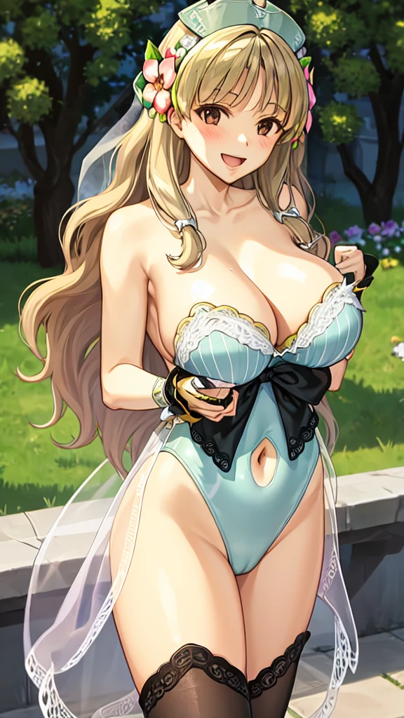 (Show me your armpits), (1 girl), (smile), (Huge breasts:1.2), (Chest close-up), (Long Hair), (Looking at the audience), (from before), (Hair Flowers), (garden), (Pasture), blush, bangs, blue large breasts, hair ornament, thighhighs, cleavage, bare shoulders, collarbone, swimsuit, :d, thighs, cowboy shot, outdoors, sky, day, blunt bangs, white thighhighs, leotard, see-through, one-piece swimsuit, strapless, covered navel, highleg, veil, white one-piece swimsuit, highleg swimsuit, bridal veil