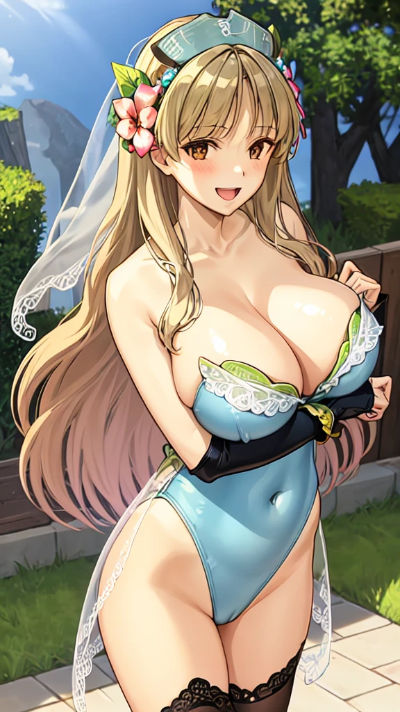 (Show me your armpits), (1 girl), (smile), (Huge breasts:1.2), (Chest close-up), (Long Hair),  (Looking at the audience), (from before), (Hair Flowers), (garden), (Pasture), blush, bangs, blue  large breasts,  hair ornament, thighhighs, cleavage, bare shoulders, collarbone, swimsuit, :d, thighs, cowboy shot, outdoors, sky, day, blunt bangs, white thighhighs, leotard, see-through, one-piece swimsuit, strapless, covered navel, highleg, veil, white one-piece swimsuit, highleg swimsuit, bridal veil