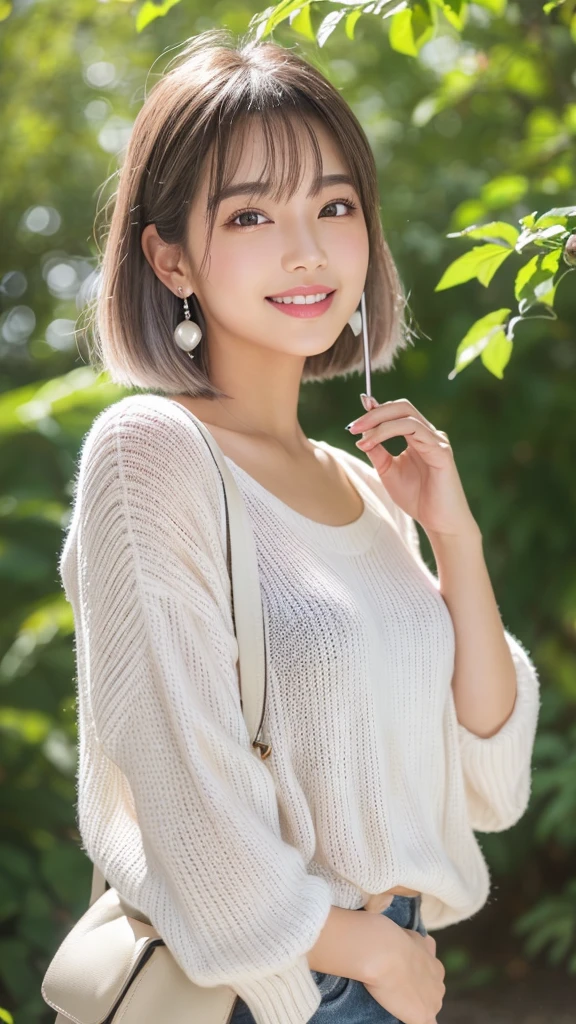 (8k, Photorealistic, Raw photo, Highest quality: 1.4),Japanese idol style1Beautiful girl of the person,18-year-old,Short Bob,Silver Hair,Hang your hair over your ears,Wearing small earrings in the ears,Big, clear grey eyes,Long eyelashes,Tear bags,There is a blackhead under the left eye,Plump Cheeks,Wearing pink lipstick,Apply gloss over your lipstick for glossy, plump lips,Smiling,Wearing a white summer knit,She is surrounded by the gentle sunlight filtering through the trees.