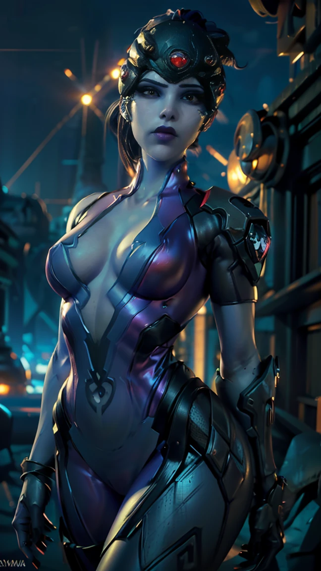 desde arriba, Una imagen Hyperrealista, ((Sexy Widow Maker from overwatch, sexy suit, with her pet black widow on her hand. neon city at the background, raytraced, viento, paisaje neon, (aesthetics and atmosphere:1.2), bella, sexy, mirada malvada, ojos intensos y morados, medio cuerpo. (foto cruda, mejor calidad), (realista, photo-realista:1.3), Obra maestra, un extremadamente perfecto y hermoso cuerpo, labios sexys morados, cuerpo palido lila, extremadamente detallado, Best quality score, ultra dynamic view, close up, high view, with her pet black widow on her hand