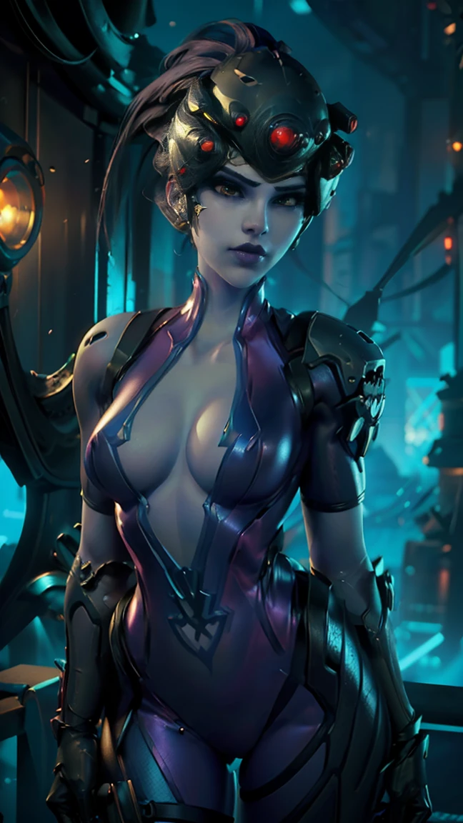 desde arriba, Una imagen Hyperrealista, ((Sexy Widow Maker from overwatch, sexy suit, with her pet black widow on her hand. neon city at the background, raytraced, viento, paisaje neon, (aesthetics and atmosphere:1.2), bella, sexy, mirada malvada, ojos intensos y morados, medio cuerpo. (foto cruda, mejor calidad), (realista, photo-realista:1.3), Obra maestra, un extremadamente perfecto y hermoso cuerpo, labios sexys morados, cuerpo palido lila, extremadamente detallado, Best quality score, ultra dynamic view, close up, high view, with her pet black widow on her hand