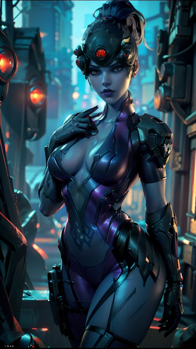 desde arriba, Una imagen Hyperrealista, ((Sexy Widow Maker from overwatch, sexy suit, with her pet black widow on her hand. neon city at the background, raytraced, viento, paisaje neon, (aesthetics and atmosphere:1.2), bella, sexy, mirada malvada, ojos intensos y morados, medio cuerpo. (foto cruda, mejor calidad), (realista, photo-realista:1.3), Obra maestra, un extremadamente perfecto y hermoso cuerpo, labios sexys morados, cuerpo palido lila, extremadamente detallado, Best quality score, ultra dynamic view, close up, high view, with her pet black widow on her hand