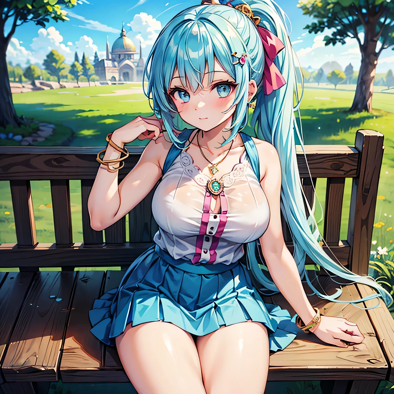 Anime Moe Art Style,highest quality,High resolution,Anatomically correct,One Girl,Mid-s,A girl with light blue hair in a ponytail,Super detailed,Fantasy World,Sleeveless blouse,mini skirt,Big Breasts,Nap,Outdoor,Shade,Eyes drawn in detail,hair ornaments,necklace,bracelet,8K