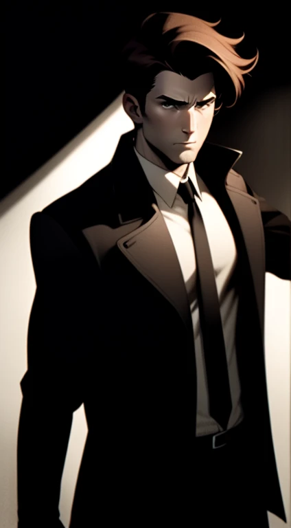 Mid 20s male detective, brown hair, detailed, toned body, simple, Noir et blanc, monochrome, white shirt and tie, gritty, unshaven, trench coat, dynamic camera angles