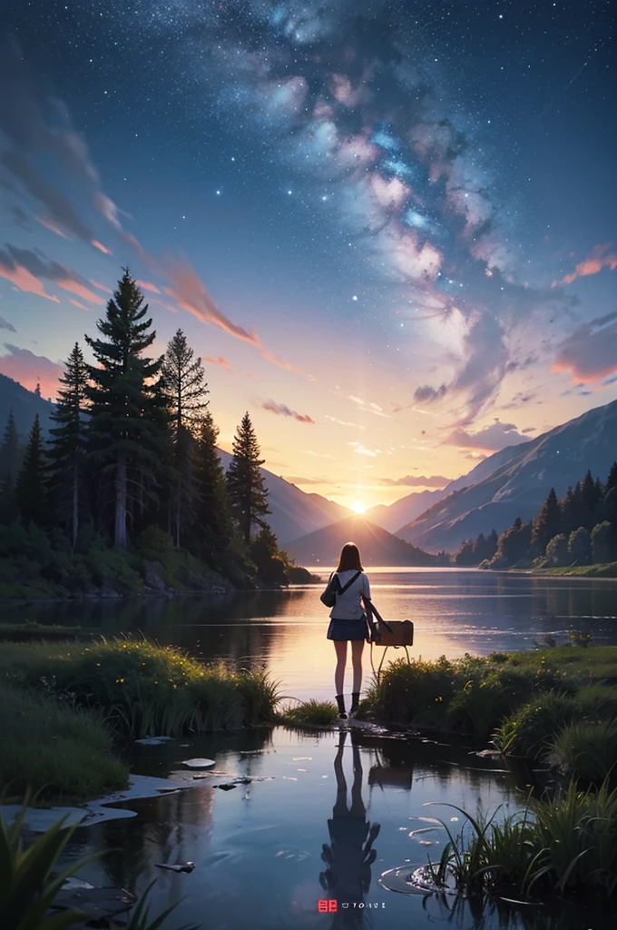 masterpiece, Cartoon train on tracks passing through body of water, Bright starry sky. Romantic train, Xin Haicheng placeholder image, Bright colors,High saturation,High contrast, concept art, Lofi Art style, ((reflection)). author:Xin Haicheng, Lofi Art, Beautiful anime scene, Anime Landscape, Landscape details—width 672, Xin Haicheng's style, Xin Haicheng's style, Enhance details.