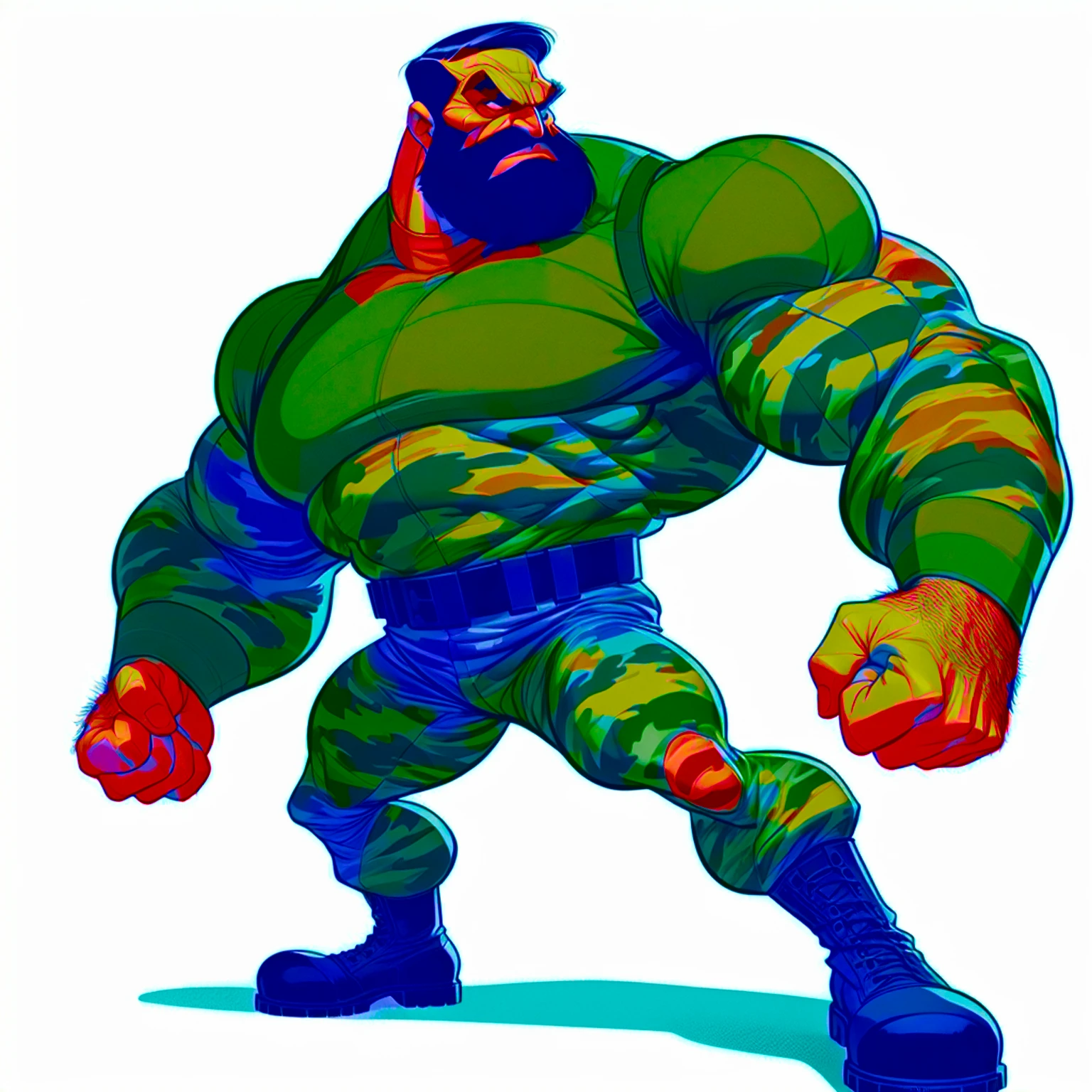Bluto (popeye the sailor villain Bluto, bearded), 1960's animated hand drawn cartoon rotoscope, wearing Tight Combat Suit, Tight urban camo navy Combat Suit, too tight,  (full roygbiv color) ink charcoal expressive illustration, no light source, darkness, light mask uv rays across face, absurd, with rich color grading, cel shading, warm and unified colors, rotoscope, animated, VHS, glitch, distorted, nostalgia, 90's retro vibe, chonky, obese, hefty, heavy weight, hyper maximal, strange, hyperrealistic, rotoscope expressive ink bold line hand drawn, extremely intensely chonky, spilling over in all directions, hefty, rotund, obese, large, in a cinematic style, s, analog tape, vcr aesthetics, tv, television, hand drawn, minimal, precise,
