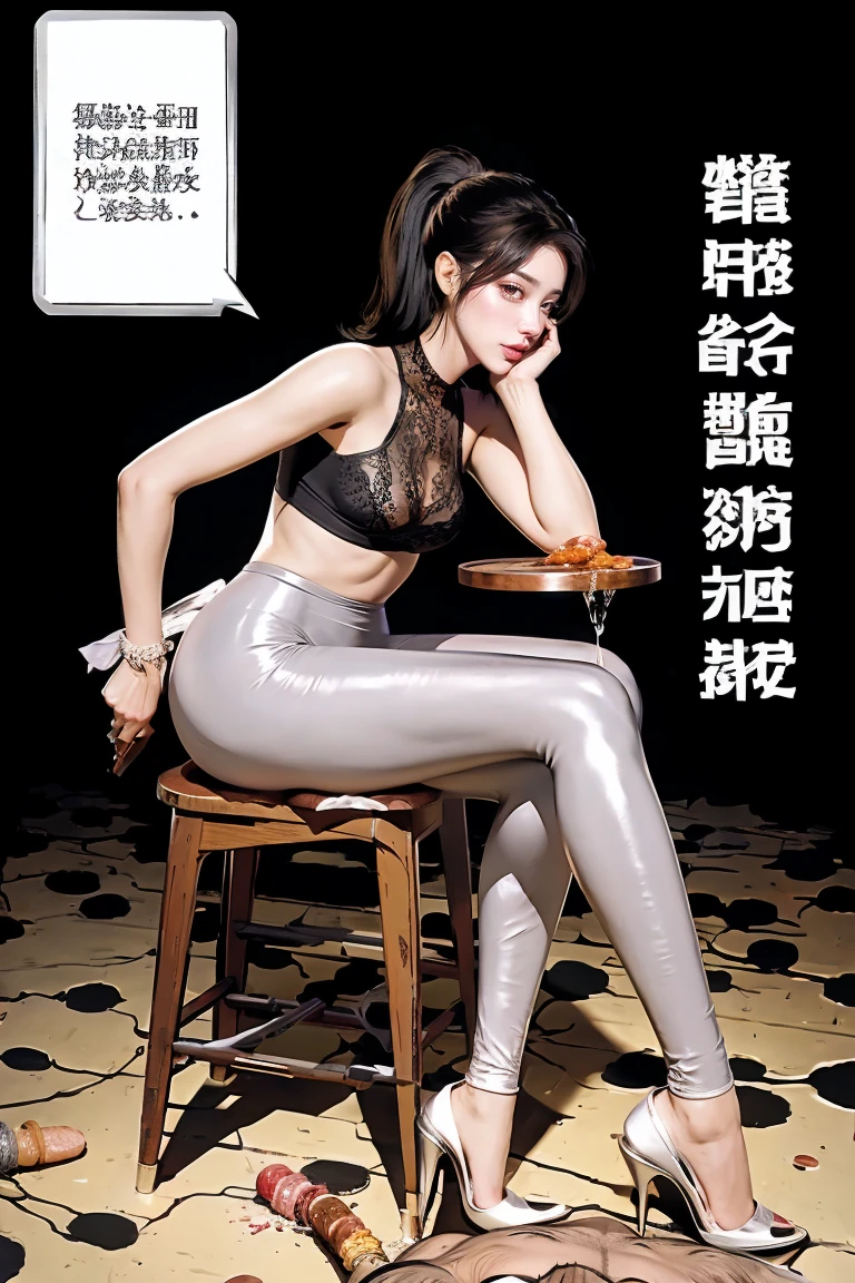 The beautiful girl in lace top and leggings is sitting astride a pile of skeletons in the center of the picture. She is holding a trembling sausage with juice squeezed out in her hand and smiling. There are multiple comic storyboards in the background，cbt, sausage bondage,sausage insertion,Sexy, trampling sausage with high heels heel,(masterpiece, best quality:1.2)，1 beautiful girl,sexy，comic storyboard:2, leggings, sit astride, axially symmetrical:2, ,femdom，sounding，cbt，hold，smile，colorful，leggings，thin gap，cameltoe，insertion，trembling，juice，spray， Long hair,Lace top,Sexy, Shiny leggings, High heel，cleveage, trampling, in forest, saliva , Mucus，