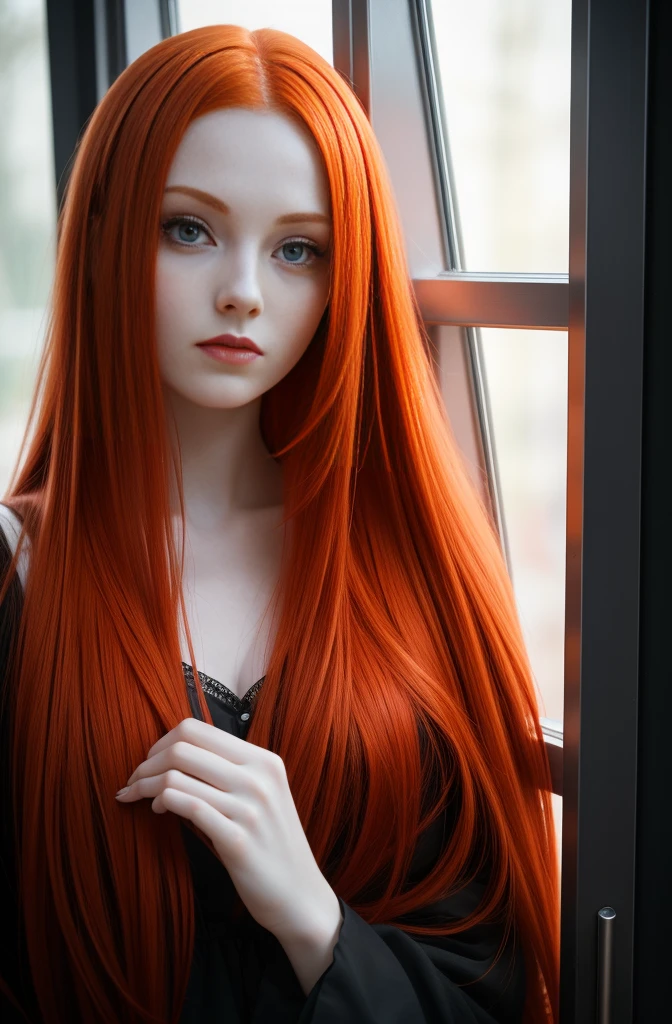 a close up of a woman with long red hair looking out a window, 1 7 - year - old goth girl, pale fair skin!!, with pale skin, she has long redorange hair, pale goth beauty, with long red hair, very pale white skin, extremely pale white skin, very pale skin, with long hair and piercing eyes