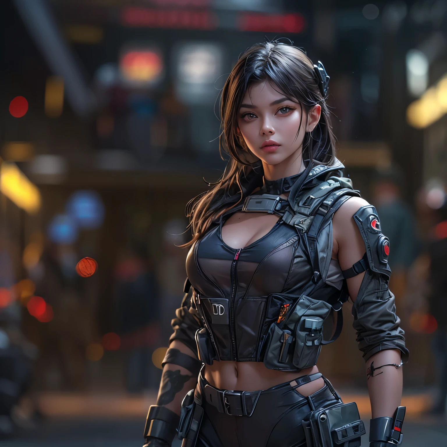 Full body portrait、A beautiful woman in a tight combat uniform、Detailed face and eyes、Beautifully detailed lips、Long eyelashes、A relaxed expression、Bodysuit-like combat clothing:1.5、camouflage:1.5、Very detailed、(highest quality、4k、8k、High resolution、masterpiece:1.2)、Super detailed、(Real、Photorealistic、Photorealistic:1.37)、HDR、UHD、Studio Lighting、Ultra-fine painting、Sharp Focus、Physically Based Rendering、Very detailedな描写、professional、Bright colors、Bokeh、Concept Art、cyber punk、Neon Light、Dynamic pose、Dramatic lighting