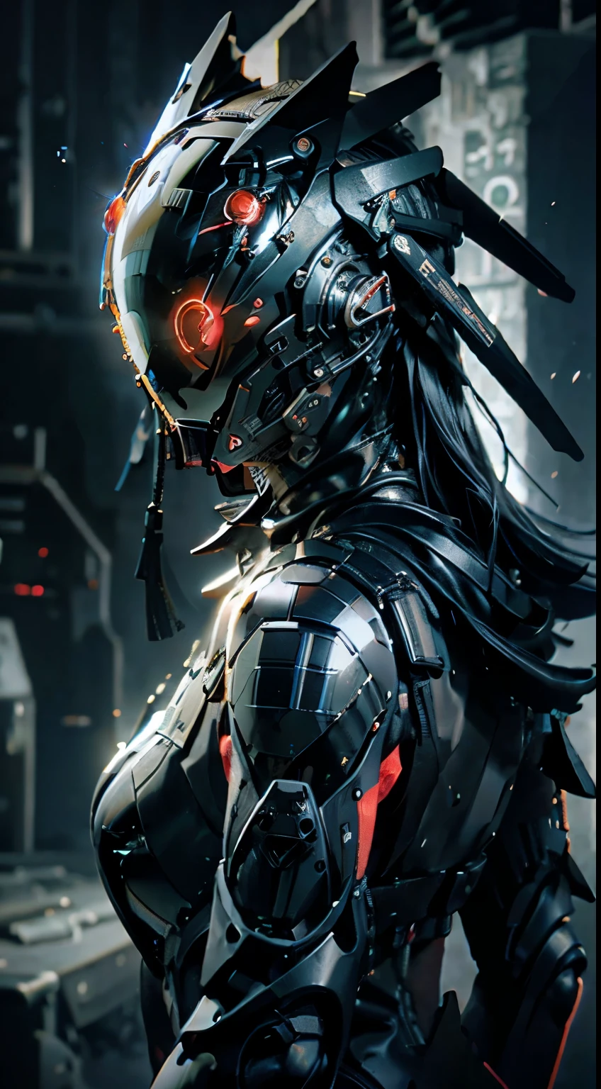 highly detailed cyberpunk woman, cybernetic helmet with black ears, black jacket, starry night with two moons, (best quality,4k,8k,highres,masterpiece:1.2),ultra-detailed,(realistic,photorealistic,photo-realistic:1.37),intricate, chiaroscuro lighting,cinematic composition,dramatic shadows,neon red circle,advanced technology,glowing cybernetic elements,dark moody atmosphere
