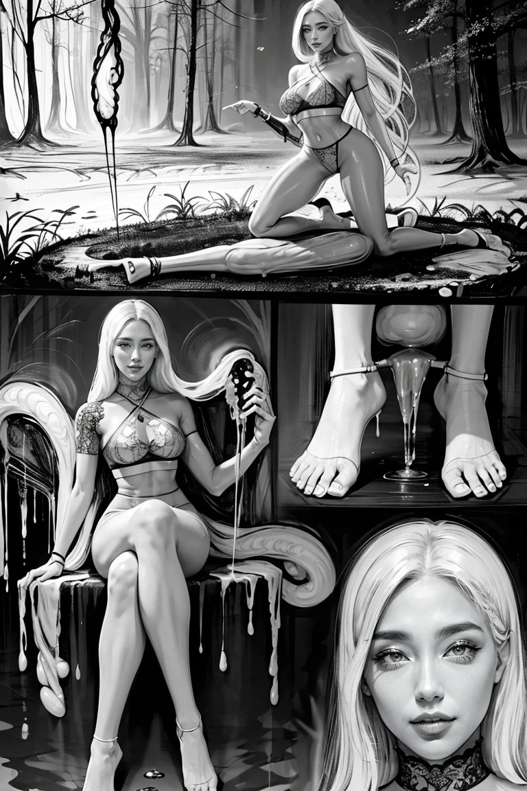 The beautiful girl in lace top and leggings is sitting astride a pile of skeletons in the center of the picture. She is holding a trembling sausage with juice squeezed out in her hand and smiling. There are multiple comic storyboards in the background,cbt, sausage bondage,sausage insertion,Sexy, trampling sausage with high heels heel,(masterpiece, best quality:1.2),1 beautiful girl,sexy,comic storyboard:2, leggings, sit astride, axially symmetrical:2, ,femdom,sounding,cbt,hold,smile,colorful,leggings,thin gap,cameltoe,insertion,trembling,juice,spray, Long hair,Lace top,Sexy, Shiny leggings, High heel,cleveage, trampling, in forest, saliva , Mucus,
