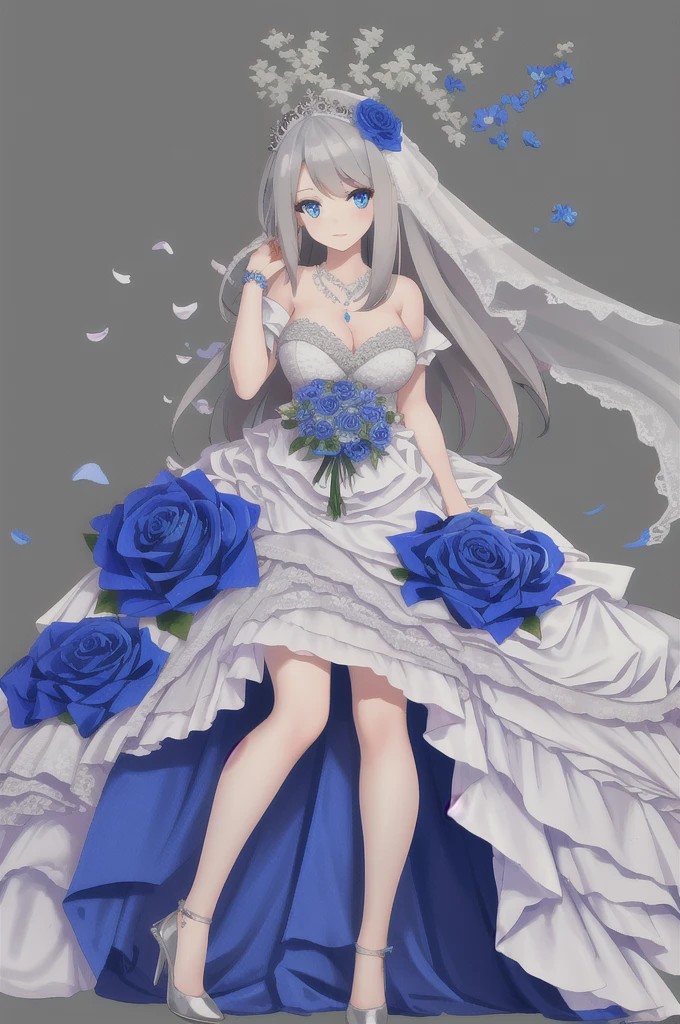 ((Ultra-detailed)), ((Disheveled hair)), ((frilld)), (1 girl), (Solo), 1girl, 1girl, blue bow, blue eyes, blue flower, blue ribbon, blue rose, bouquet, breasts, dress, flower, gradient, gradient background, grey background, jewelry, long hair, necklace, petals, rose, solo, veil, wedding dress, white dress, lexington \(warship girls r\), gray hair, long dress, full body, ((illustration)), (((Best quality)))