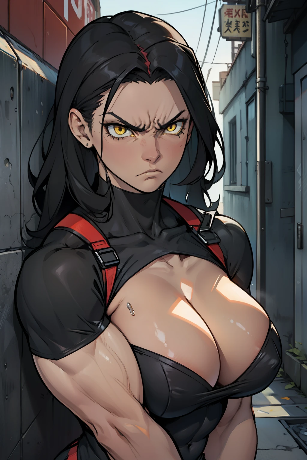 muscular woman massive breasts (disdain disgusted annoyed disappointed) pale skin black hair yellow eyes