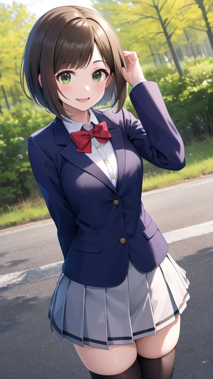 masterpiece, best quality, highres, Maekawa Miku, short hair, fang, , red bow, collared shirt, blue jacket, blazer, long sleeves, pleated skirt, grey skirt, black thighhighs, cowboy shot, smile, standing, outdoors
