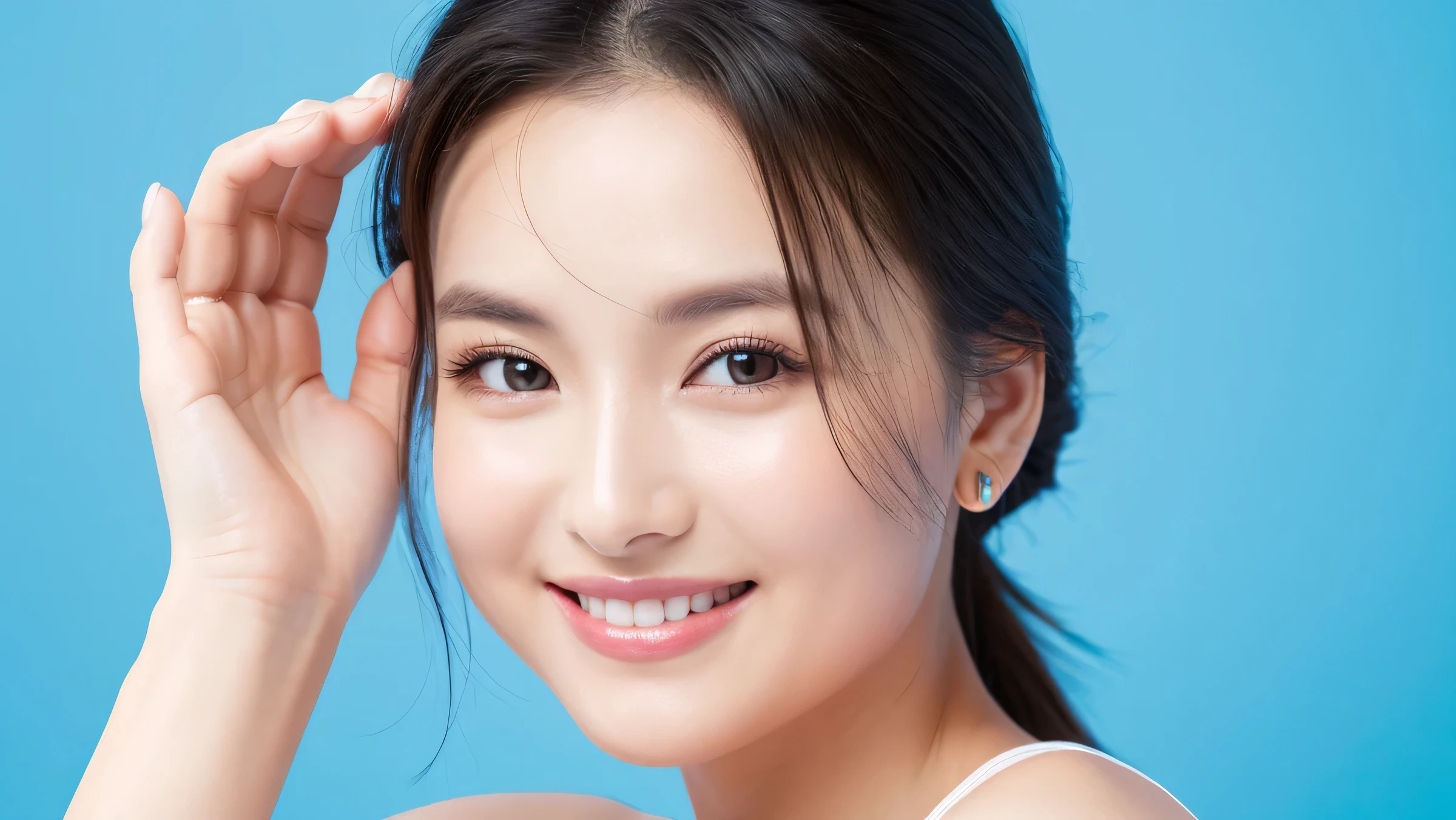 8k、One Woman、Beauty、SLR、Light blue background、Clear skin、Clear skin、Glowing Skin、Black Hair、Put your hand on your cheek、sigmaF2.8-56mm、smile