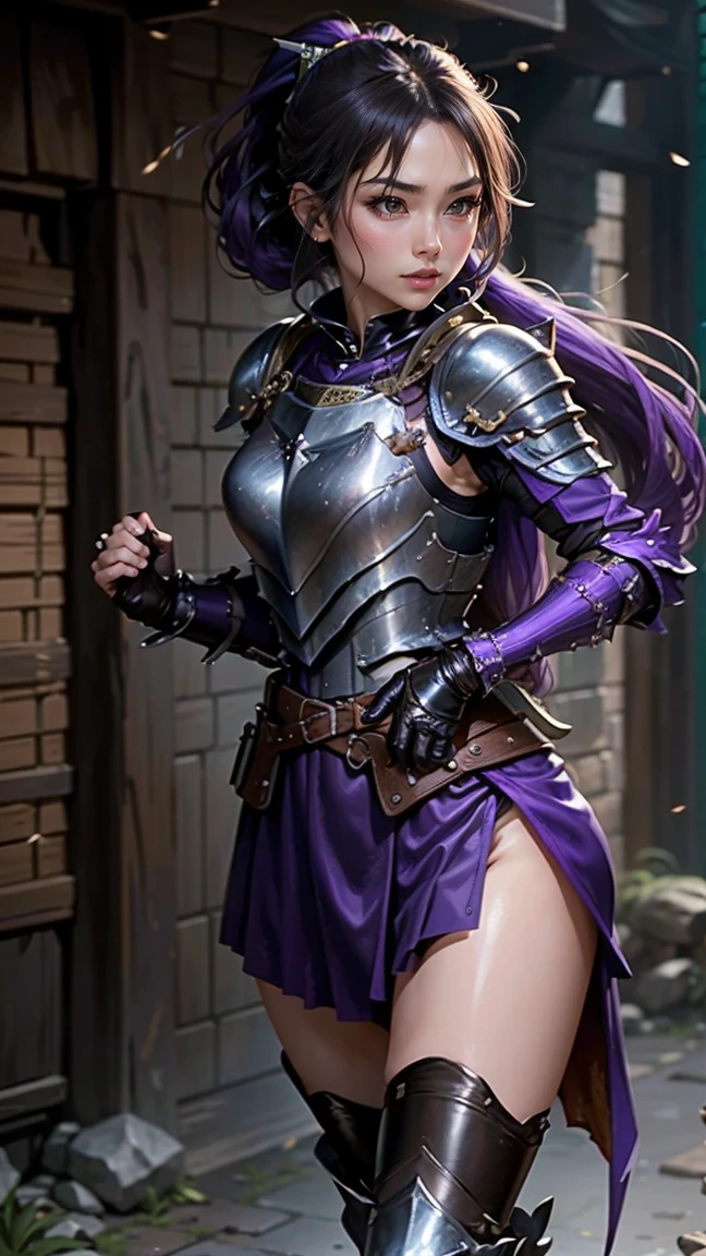 highest quality、masterpiece、8k、Realistic、超High resolution、Very delicate and beautiful、High resolution、Cinema Lighting、medium range shooting、Portraiture、Perfect female body、Opposition、Looking at the audience、( ((Equipped with black and purple leather armor、Female Mercenary from Another World、Close-fitting leather bib、Black gauntlets with purple trim))、Sharp Eye、long shiny hair、ponytail:1.3)、Robust boots、Belt with hidden pocket、Dagger on waist、Battle-scarred cloak、Agile Movement、Combat Skills、Sharp Dagger、Muscular body、Calm expression、Old maps、Clothes that blend into the dark night、Strong Will、Fight for Rewards、Battle Scars、sharp reflexes、Excellent swordsmanship、Otherworldly Wilderness、Combat Experience、Reward Gold Bag、Loyalty、Secret Mission、Tavern in Another World。