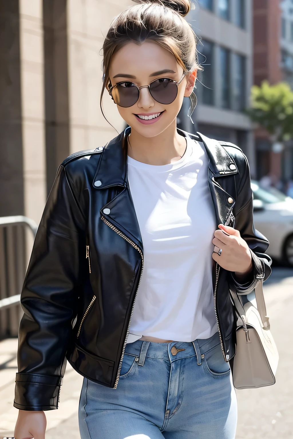 (masterpiece:1.2, best quality), 1lady, solo, upper body, big tits, Chic and edgy leather jacket paired with a classic white t-shirt and distressed jeans Confident and effortless with minimal makeup and a messy bun (Music festival or a trendy downtown neighborhood) Statement sunglasses and chunky jewelry, With a cross-body bag for convenience Smile
