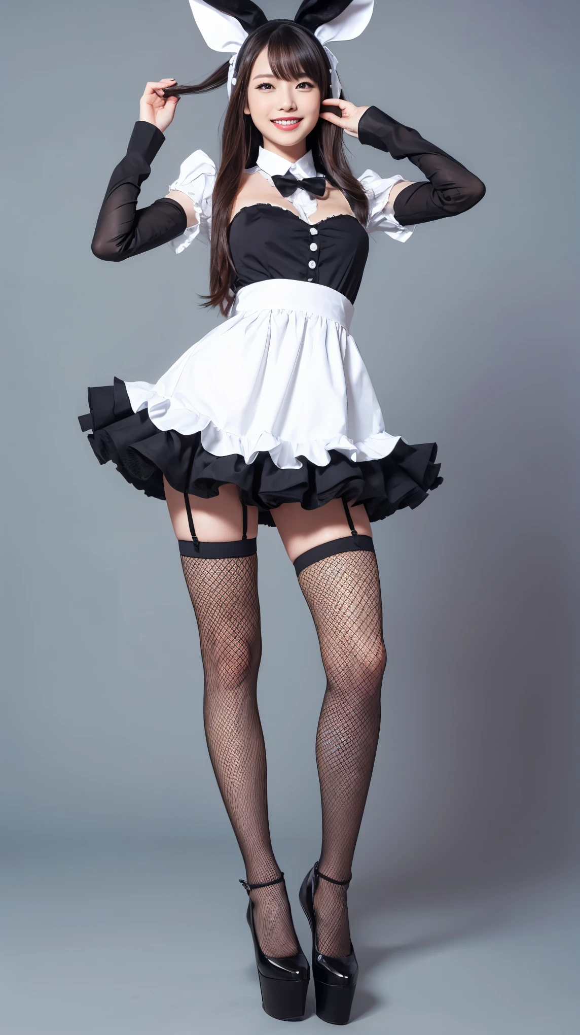 Bunny girl in maid costume:1.5，Wearing light blue fishnet tights:1.5，The best smile:1.5，Full Body Shot:1.5，Gray background:1.5，Wearing black high heels:1.5，