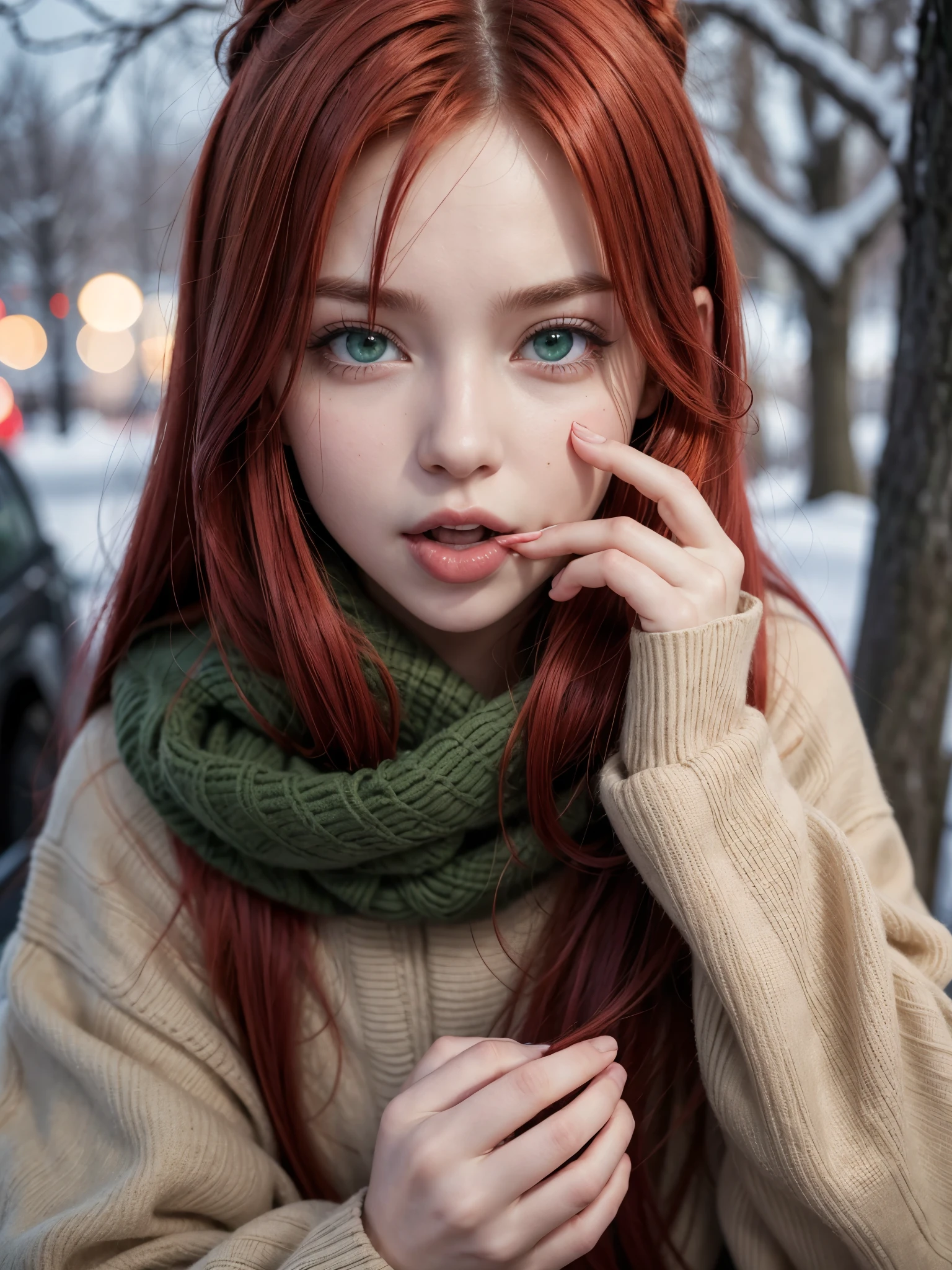 Hot girl, red hair, green eyes, winter clothes, licking your own fingers